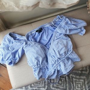 Checkered Periwinkle Wrap/Tie Crop Top Ruffled Sleeves and Hem